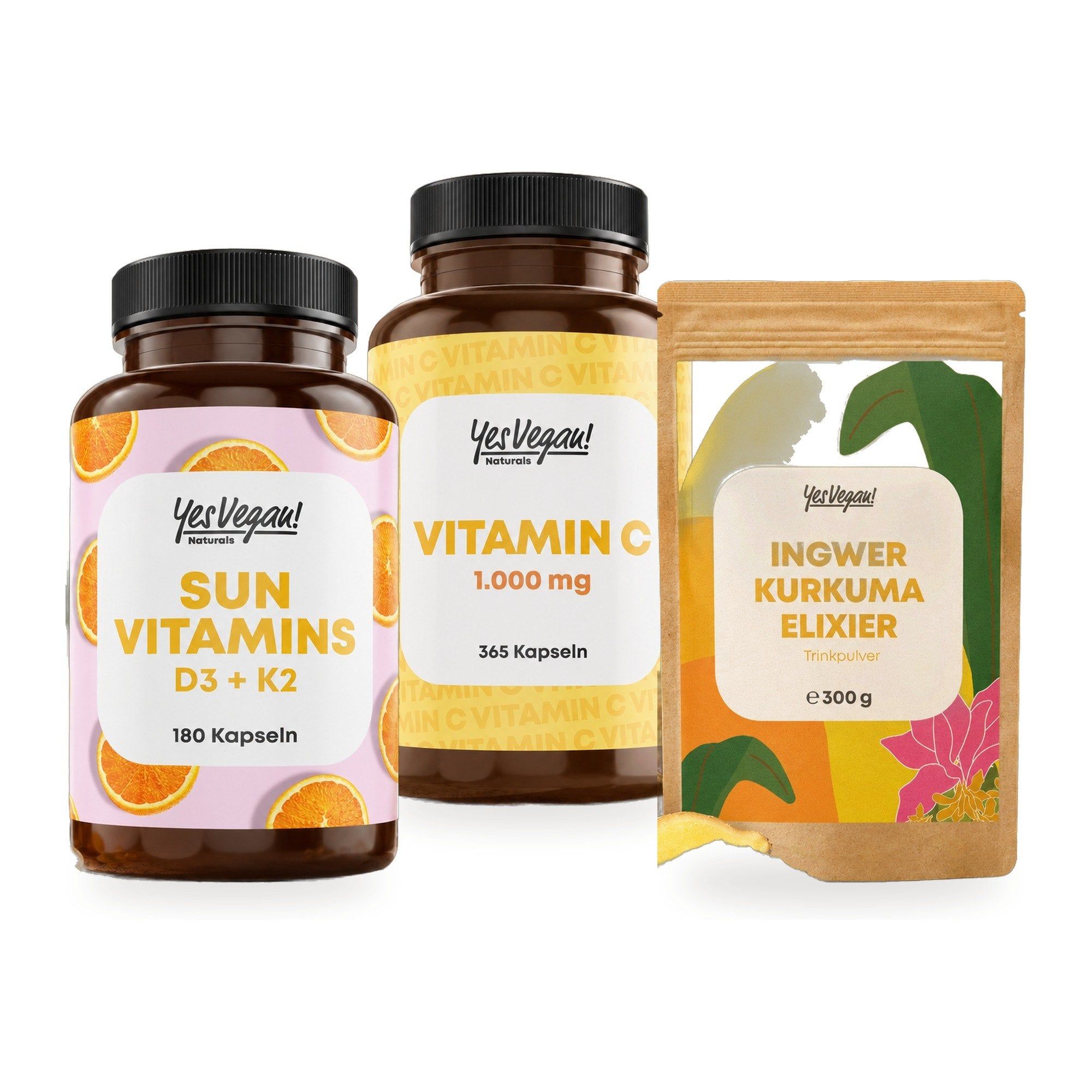 Flaschen Sun Vitamins D3+K2 (180 Kapseln), Vitamin C (365 Kapseln) und Beutel Ingwer Kurkuma Elixier (300g).