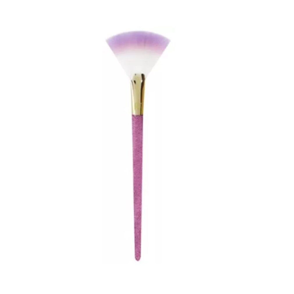 Fächerpinsel mit rosa Glitzergriff, goldener Zwinge und lila-weißem Pinselkopf. Auf weißem Hintergrund.