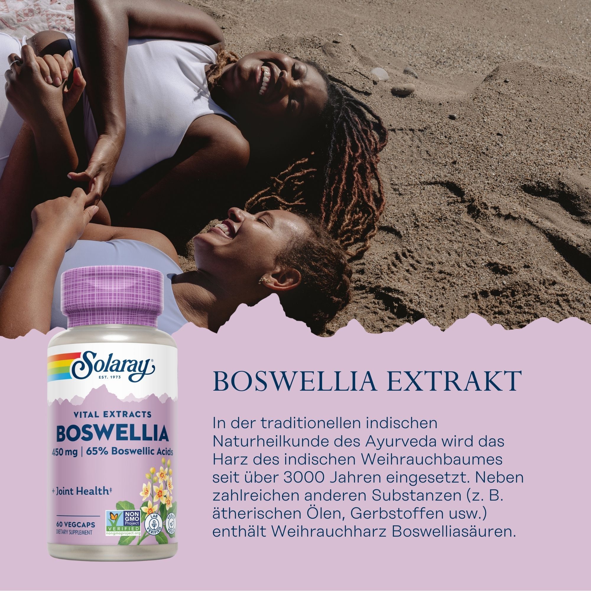 Solaray Boswellia Extrakt Flasche. Aufschrift: Boswellia 450 mg, 65% Boswelliasäuren. Vegan, Non-GMO verifiziert.