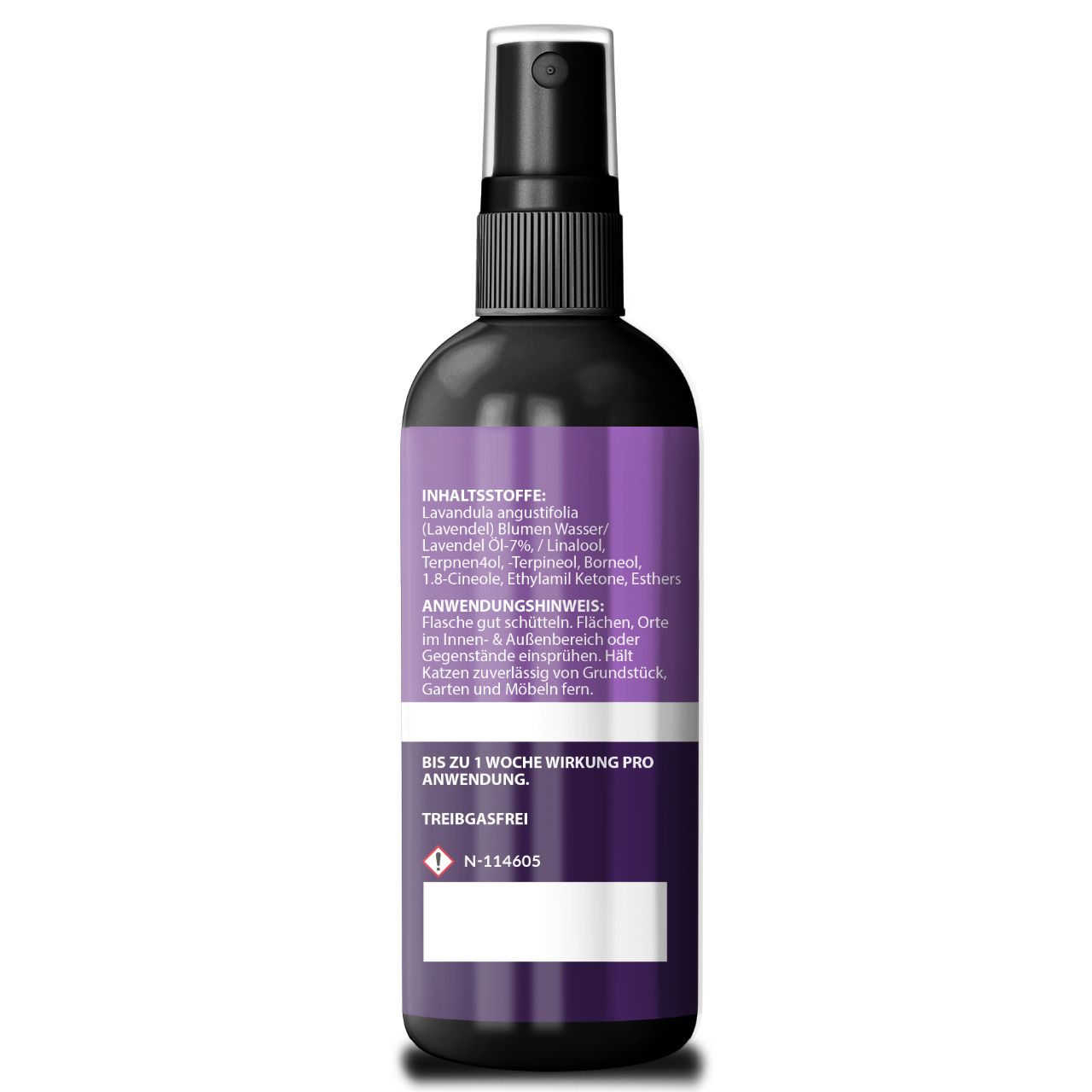 Rückseite der schwarzen Sprühflasche. Inhaltsstoffe, Anwendungshinweise und Warnhinweise auf lila Hintergrund.