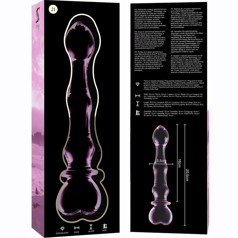 Verpackung und Rückseite des rosa Glasdildos, Modell 21, mit Produktinformationen und Maßen.