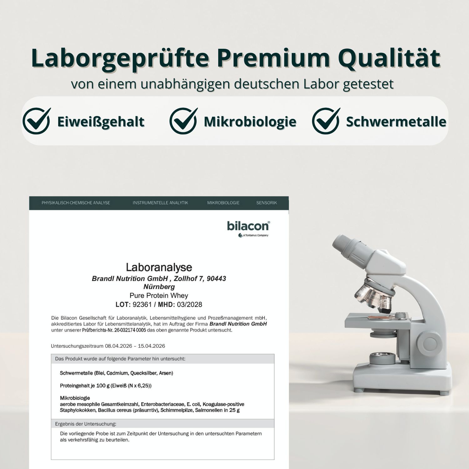 Laborbericht über die Premium-Qualität von brandl® Pure Protein Whey, getestet von einem unabhängigen Labor.