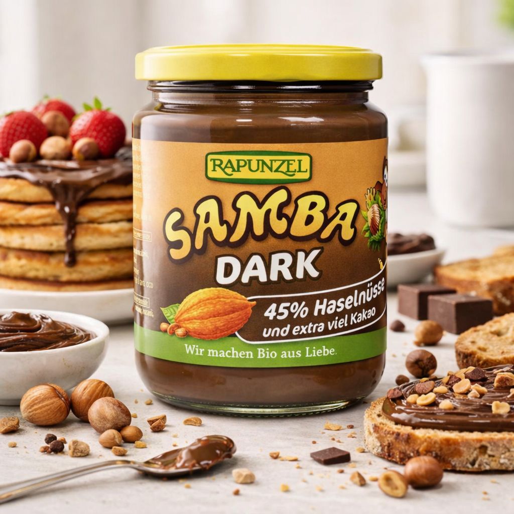 Rapunzel Samba Dark Schoko-Nuss-Aufstrich im Glas mit gelbem Deckel, Haselnüssen und Kakao abgebildet.