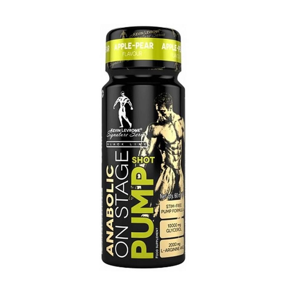 Schwarze Flasche mit gelbem Deckel. Aufschrift: "Anabolic On Stage Pump Shot". Enthält L-Arginin und Glycerin. Marke: Kevin Levrone.