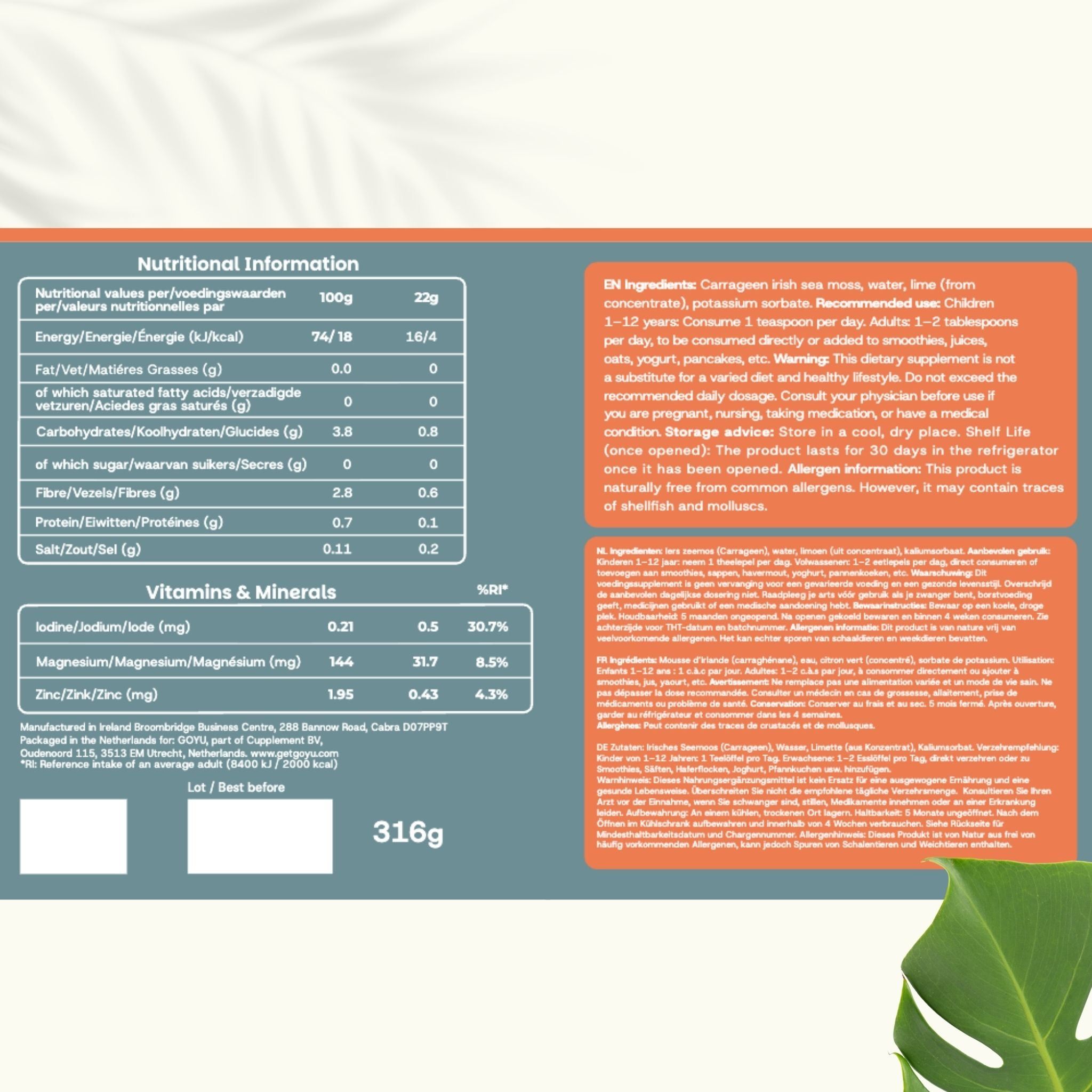 Nährwertangaben und Zutatenliste für Sea Moss Gel. Enthält Informationen zu Energie, Fett, Kohlenhydraten, Proteinen, Salz und Mineralien.