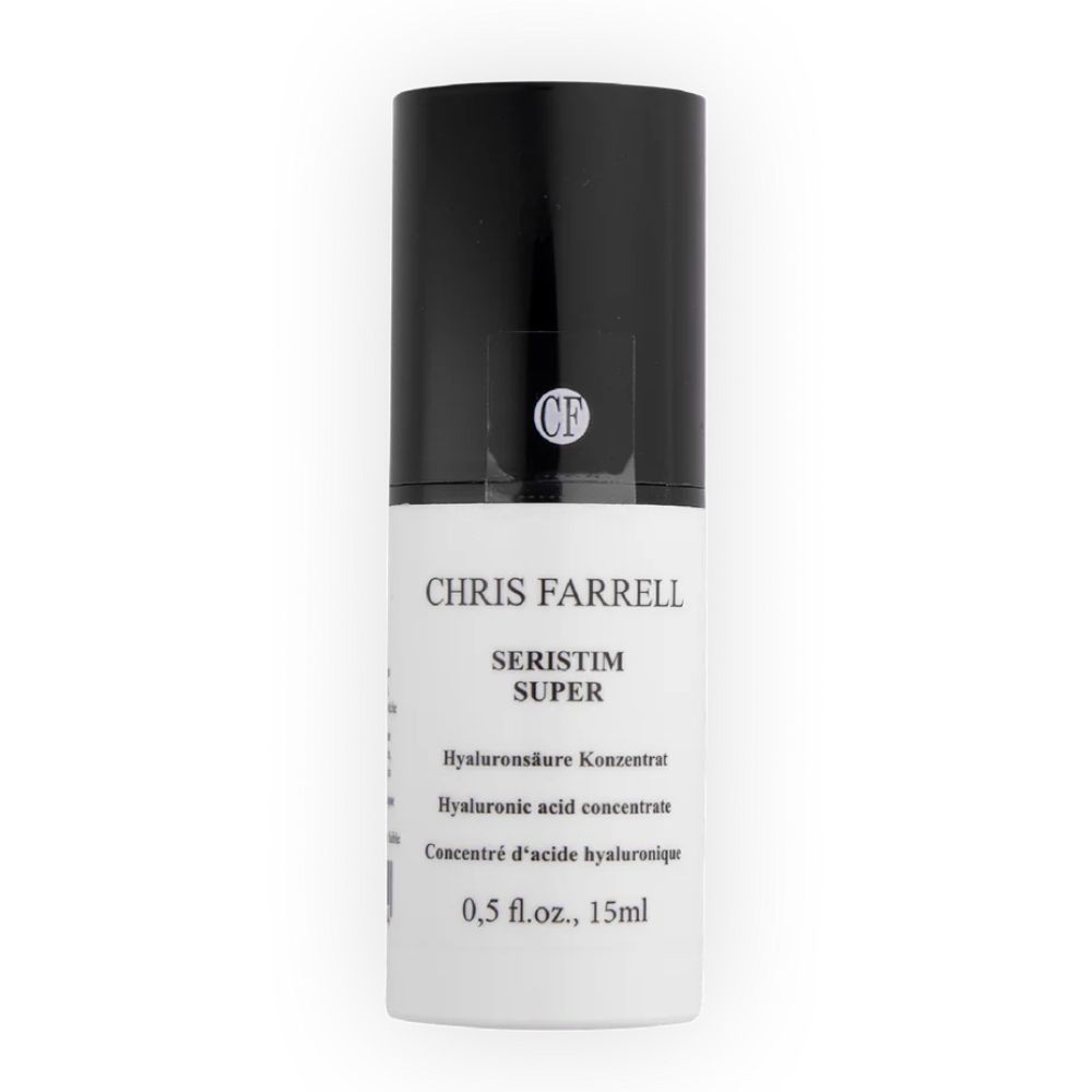 Weißes Fläschchen mit schwarzem Deckel. Beschriftung: CHRIS FARRELL, SERISTIM SUPER, Hyaluronsäure Konzentrat, 0,5 fl.oz., 15ml.