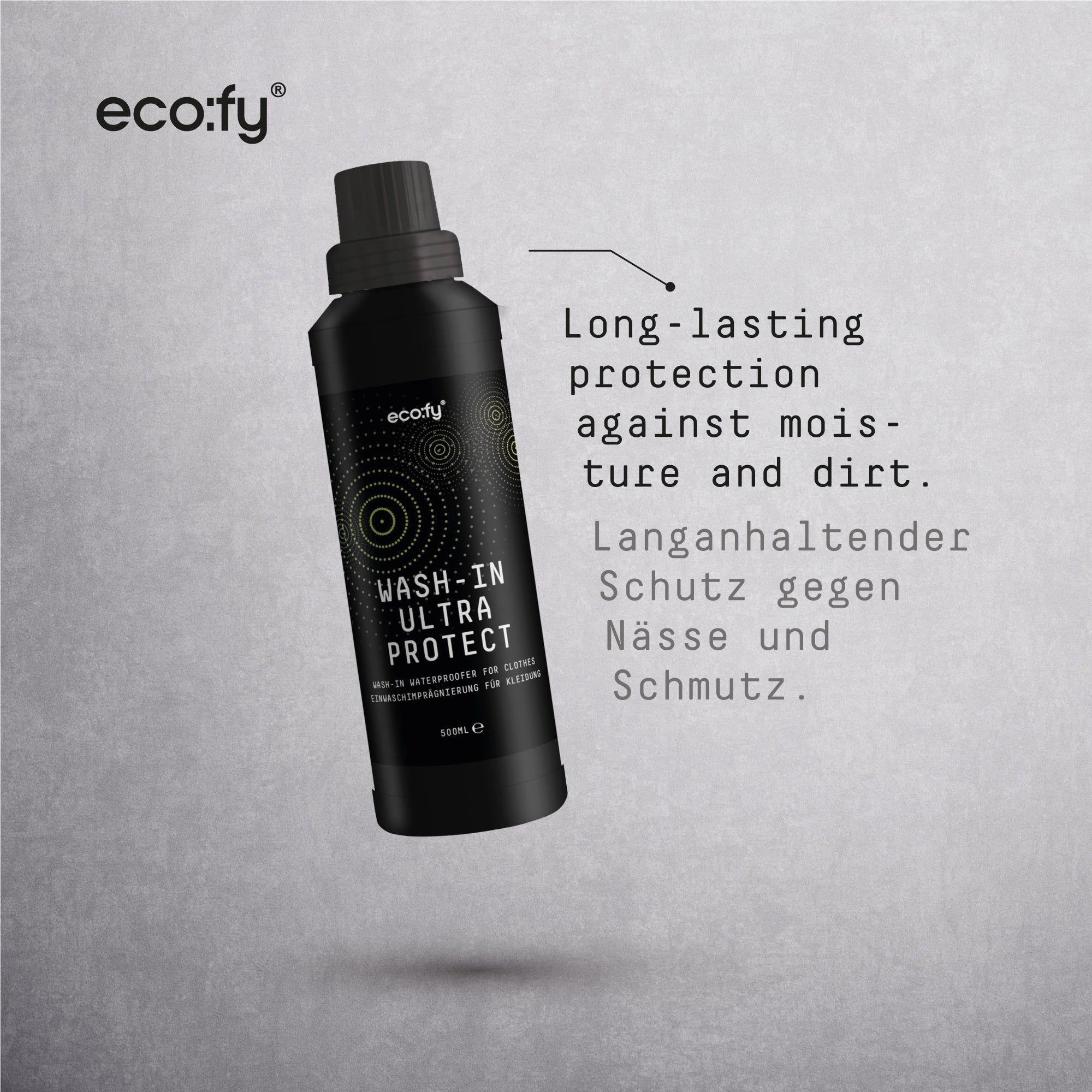 Schwarze Flasche mit Produktbezeichnung: WASH-IN ULTRA PROTECT. Marke: eco:fy. Text: Langanhaltender Schutz gegen Nässe und Schmutz.