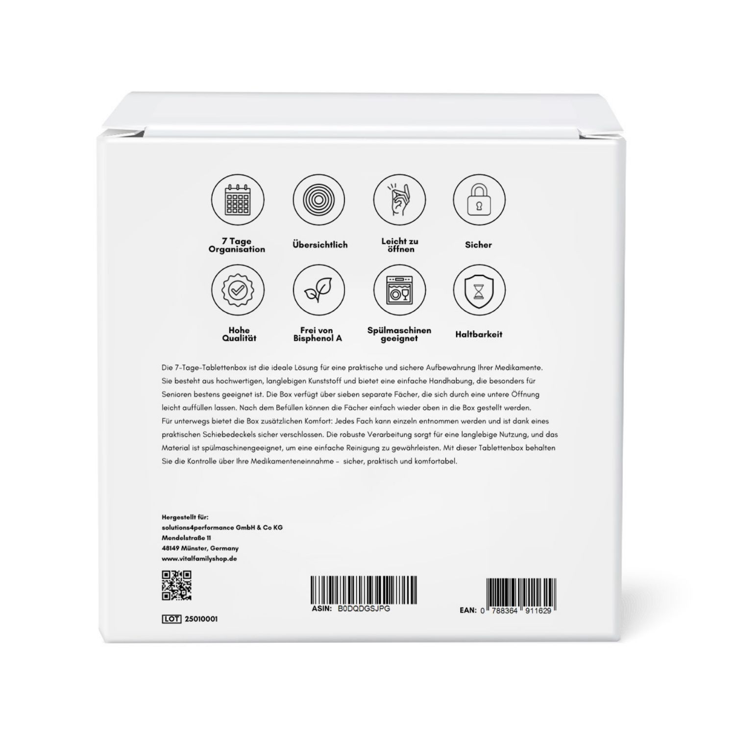 Weiße Verpackung mit Produktinformationen und Icons. Text: 7 Tage Organisation, BPA-frei, spülmaschinengeeignet.