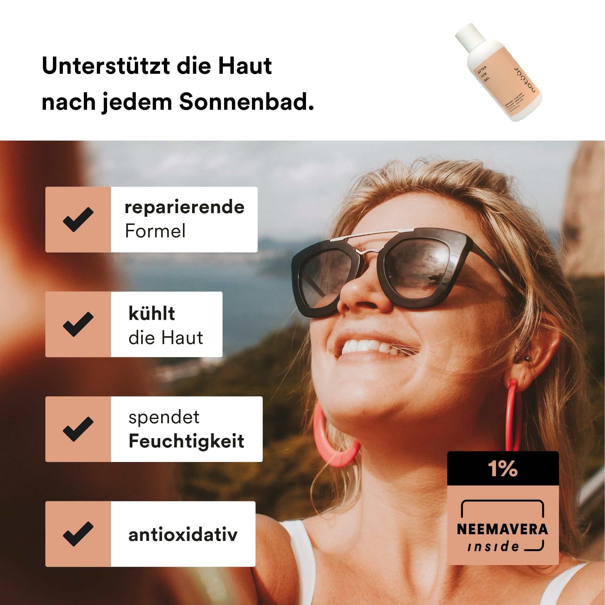 Frau mit Sonnenbrille, Ohrringen. Text: reparierende Formel, kühlt die Haut, spendet Feuchtigkeit, antioxidativ. Produktabbildung.