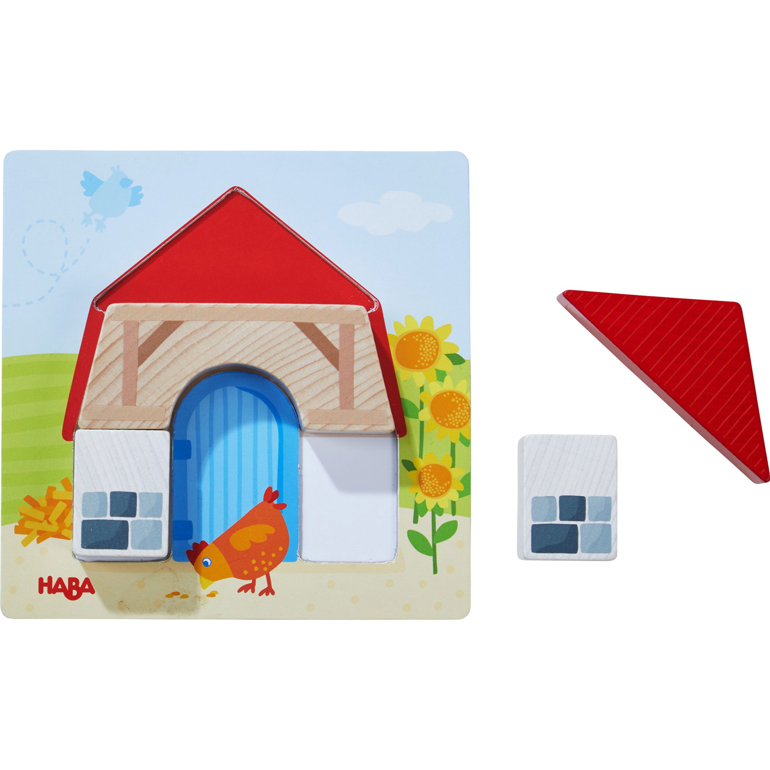 Puzzle mit Haus-Motiv. Rotes Dach, blaue Tür, gelbes Huhn. HABA-Logo. Holzspielzeug.