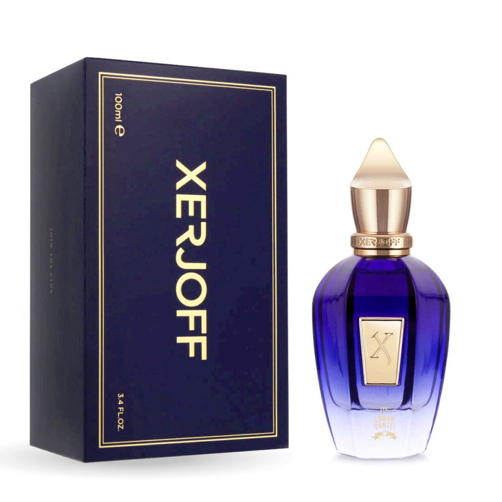 Blaues Xerjoff Comandante Eau de Parfum mit goldener Kappe und Verpackung. Auf der Verpackung steht Xerjoff.