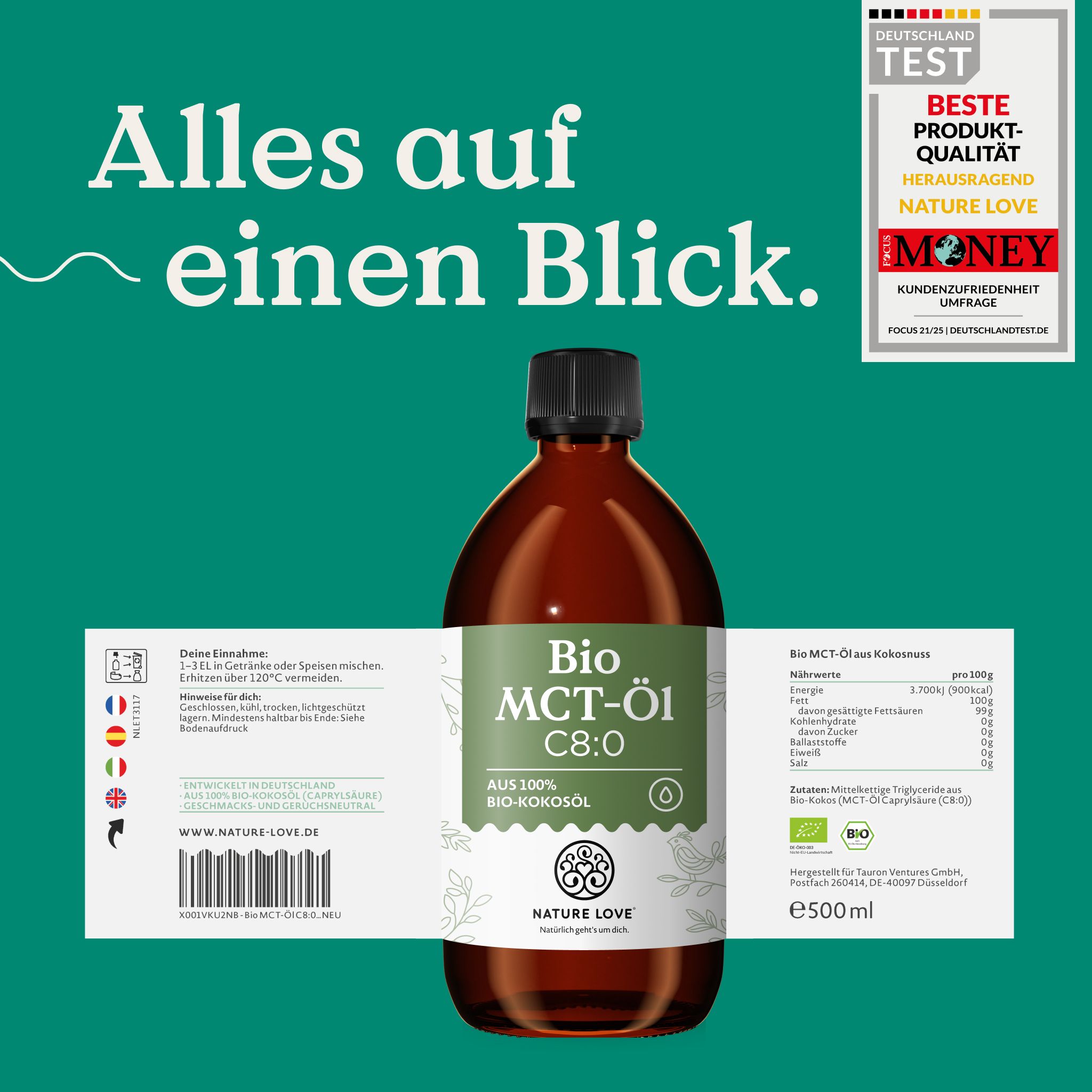 Braune Glasflasche mit Nature Love Bio MCT-Öl C8:0, 500ml. Etiketten zeigen Inhaltsstoffe, Nährwerte und Siegel.