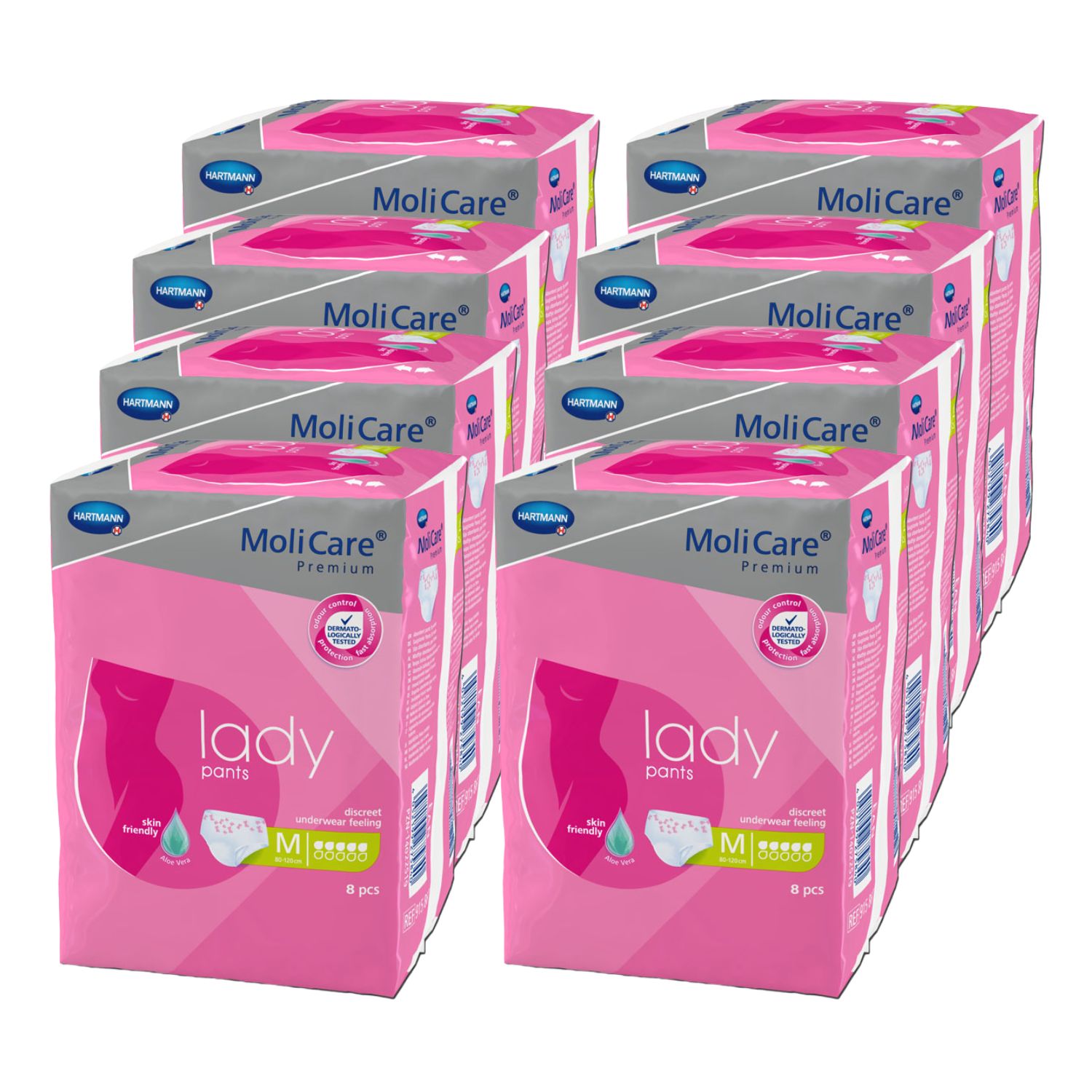 Mehrere Packungen MoliCare Premium Lady Pants. Rosa Verpackung mit Produktbezeichnung und Saugstärke. Größe M.