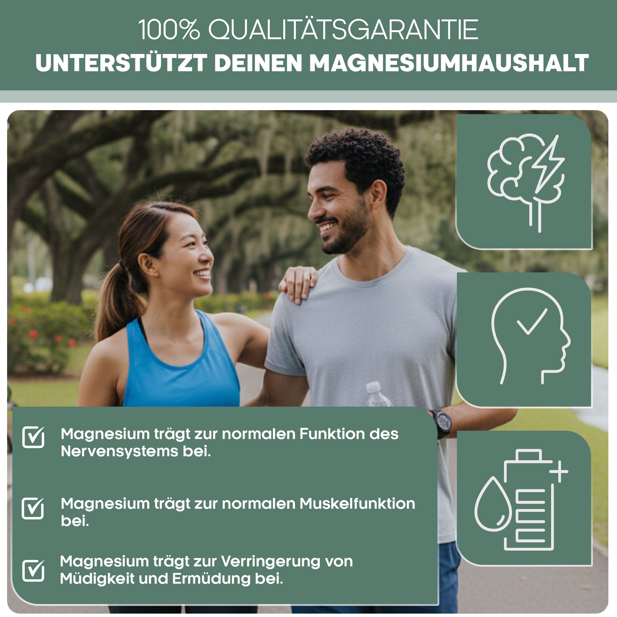 Paar im Freien, unterstützt durch Icons für Nervenfunktion, Muskeln und Müdigkeit.