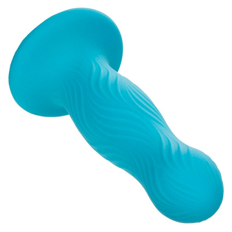 Türkisfarbener Silikon-Stimulator mit geriffelter Oberfläche, leicht angewinkelt. Flache, runde Basis.
