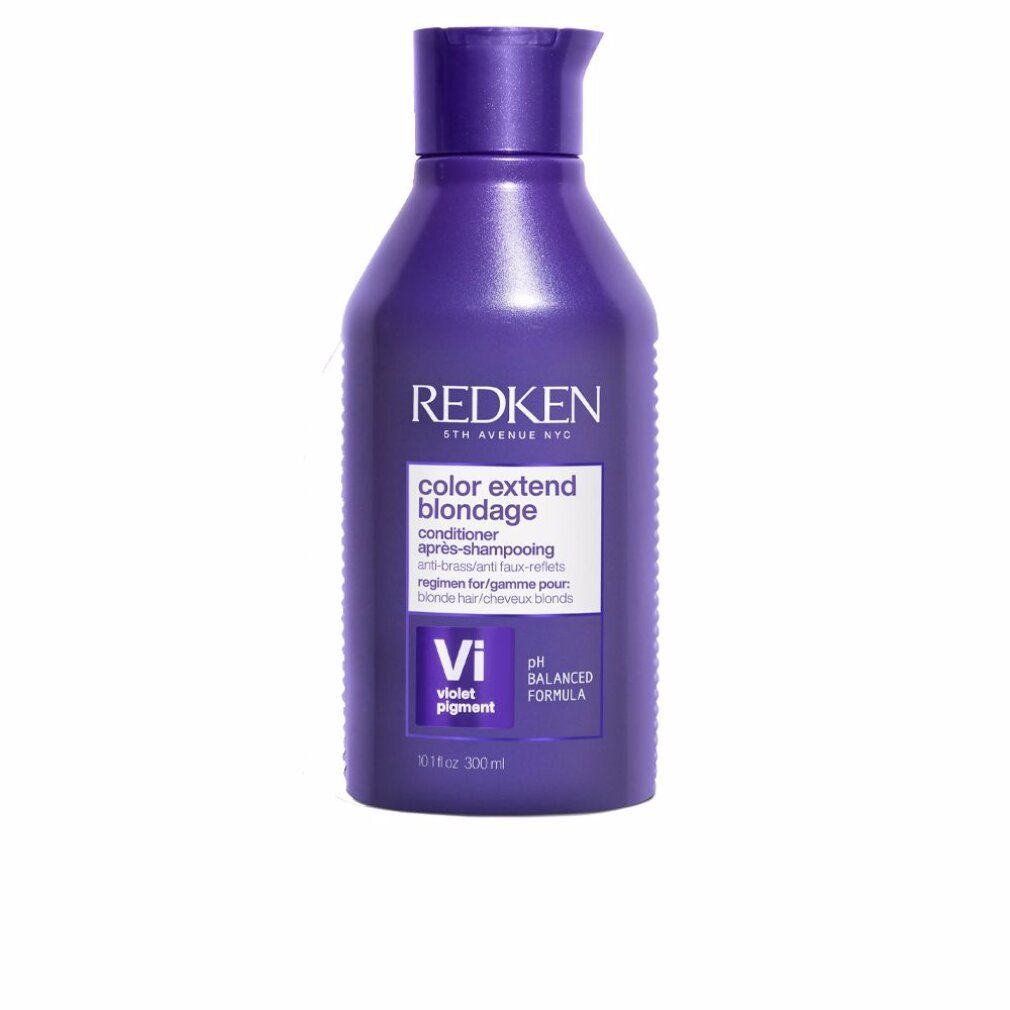 Violettfarbener Conditioner von Redken. Flasche mit Produktnamen und Inhaltsangaben. pH-ausgewogene Formel.