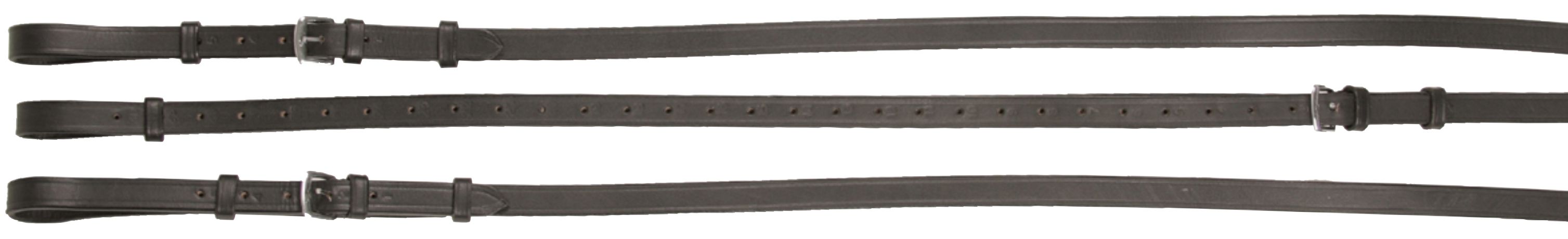 Drei schwarze Longiergurte mit Schnallen und Löchern. Lederriemen mit Metallbeschlägen.