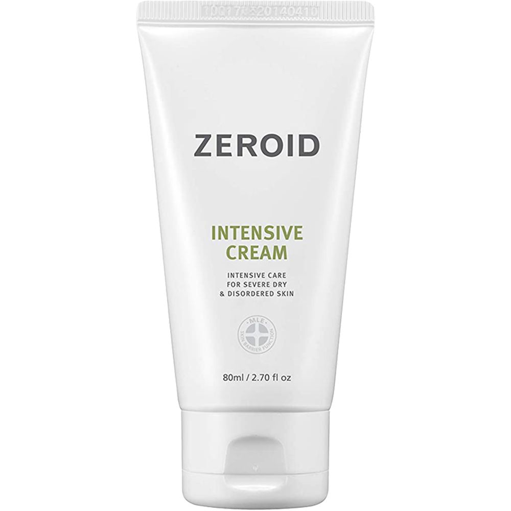 Weiße Tube mit grüner Schrift. Aufschrift: ZEROID, INTENSIVE CREAM. Text: Intensive Pflege für trockene und gestörte Haut.