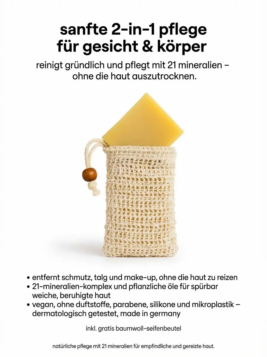 Ein gelbes Seifenstück in einem beigen Baumwollbeutel. Text: Sanfte 2-in-1 Pflege für Gesicht & Körper. Reinigt und pflegt.
