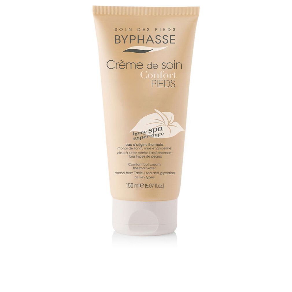 Creme-Tube. Marke Byphasse. Text: Crème de soin PIEDS, Comfort foot cream. Weiße Kappe. Beige Tube mit floralem Logo.