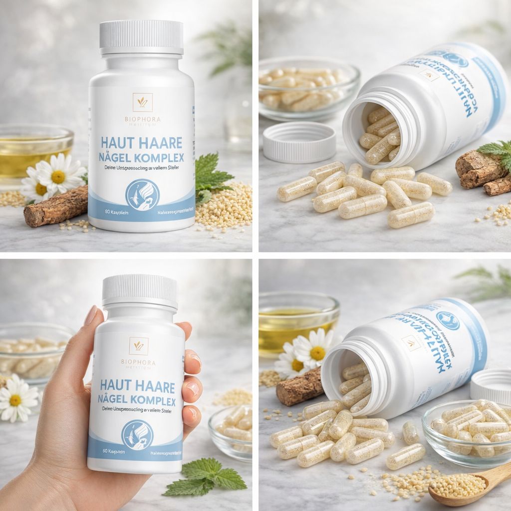 Weiße Flasche mit Kapseln. Aufschrift: Haut Haare Nägel Komplex. Kapseln liegen verstreut.