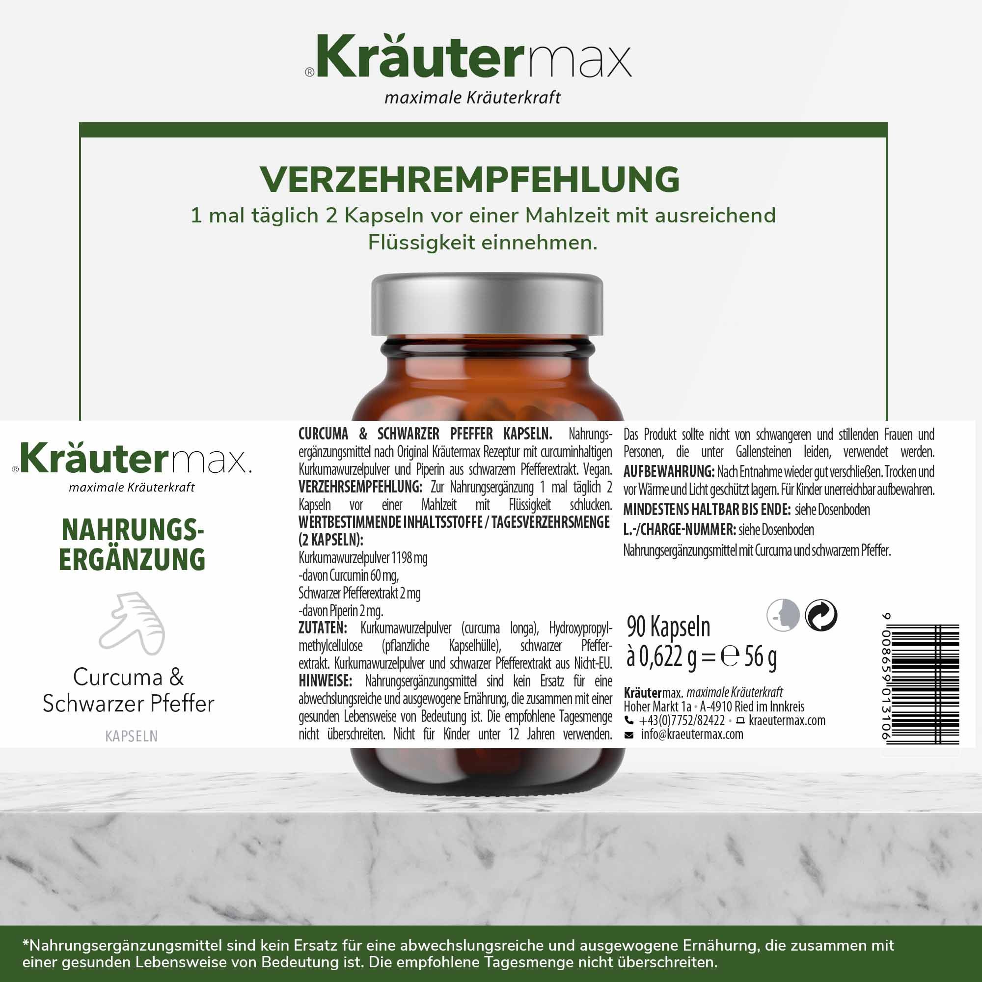 Kräutermax Curcuma und schwarzer Pfeffer Kapseln