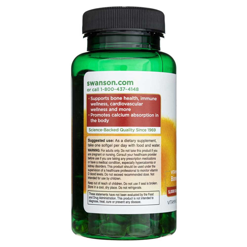 Rückseite der SWANSON Vitamin D3 Flasche mit Hinweisen zur Knochengesundheit und Immununterstützung.