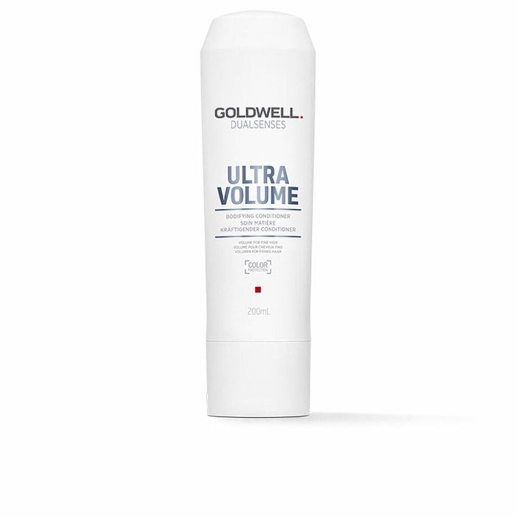 Goldwell Dual Senses Ultra Volume Conditioner. Weiße Flasche mit blauer Schrift. Enthält 200 ml. Für feines Haar.