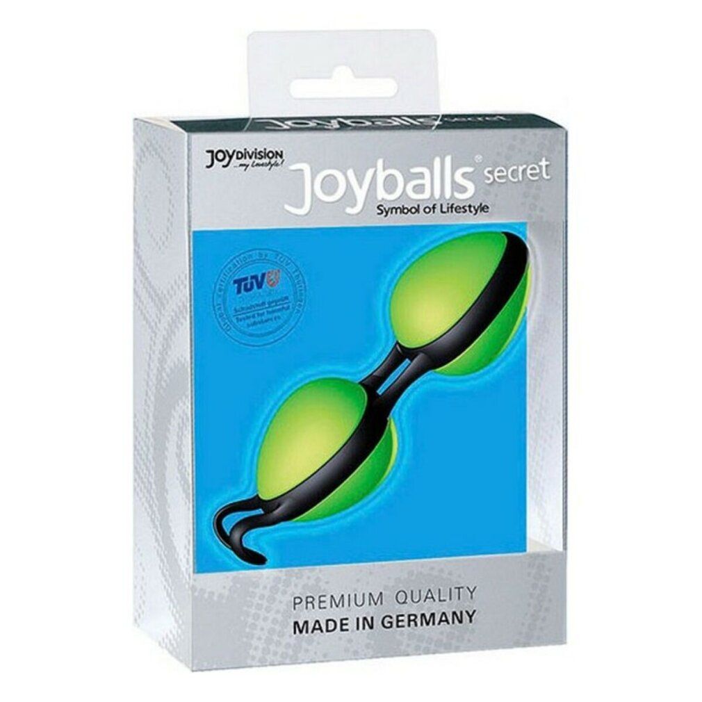 Verpackung mit zwei grünen Kugeln, schwarzem Band und Griff. Aufschrift: Joyballs secret. TÜV-Zeichen.