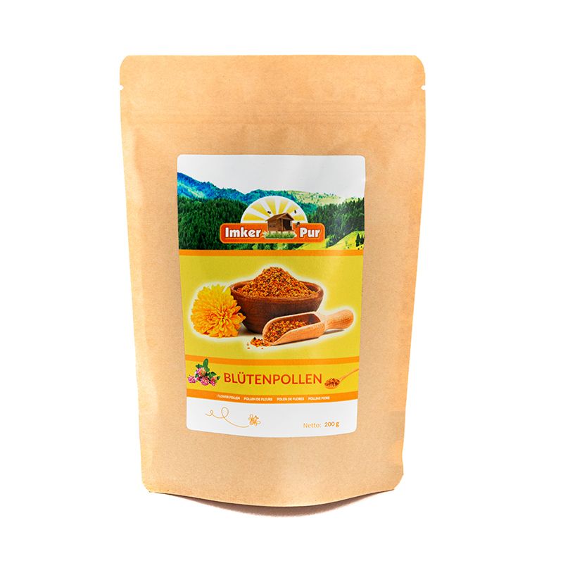 Blütenpollen-Packung. Braune Tüte mit Etikett. Etikett zeigt Landschaft, Schüssel mit Pollen, Holzschaufel und Text: Blütenpollen.