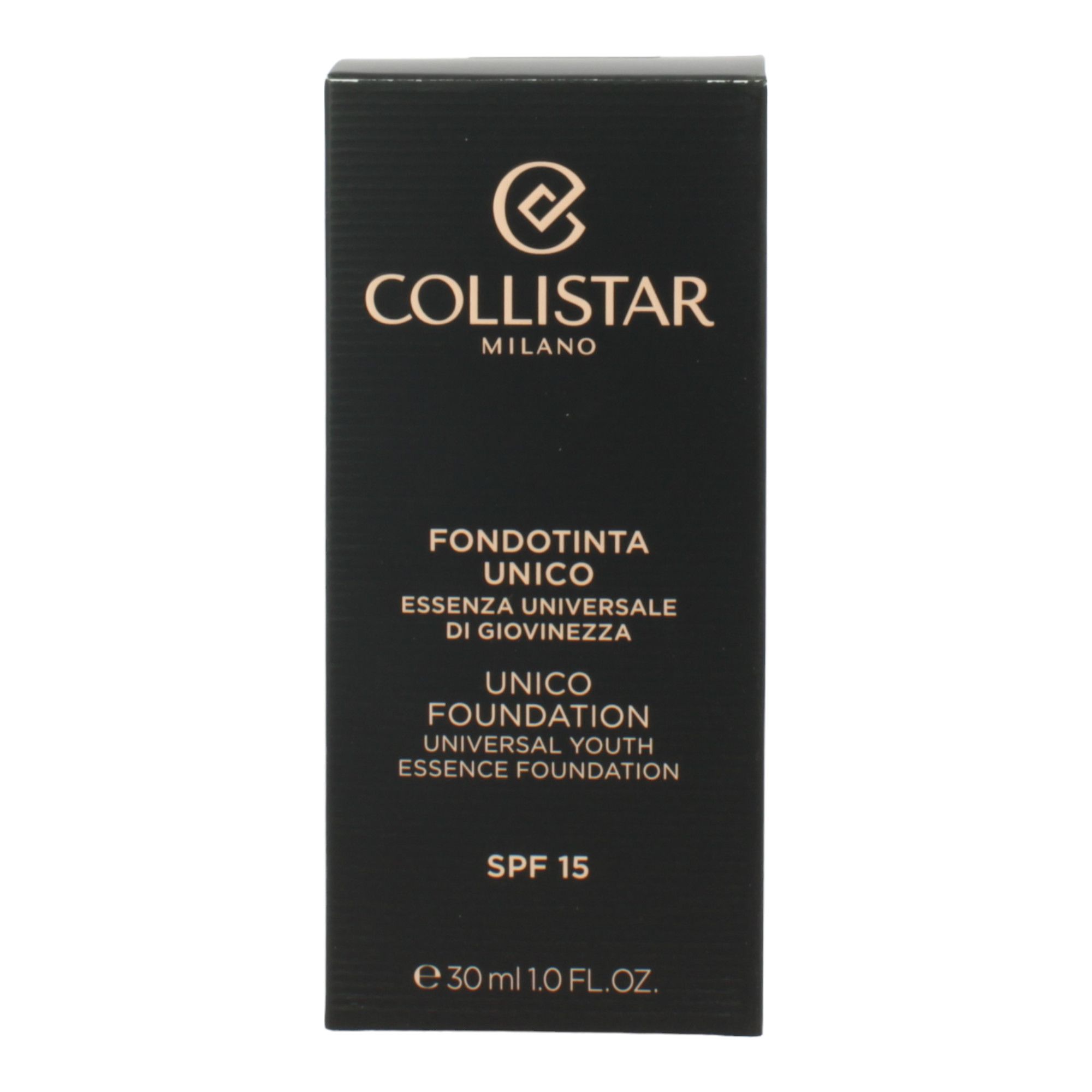 Schwarze Verpackung mit Produktnamen und Logo. Text: Fondotinta Unico, SPF 15, 30 ml.