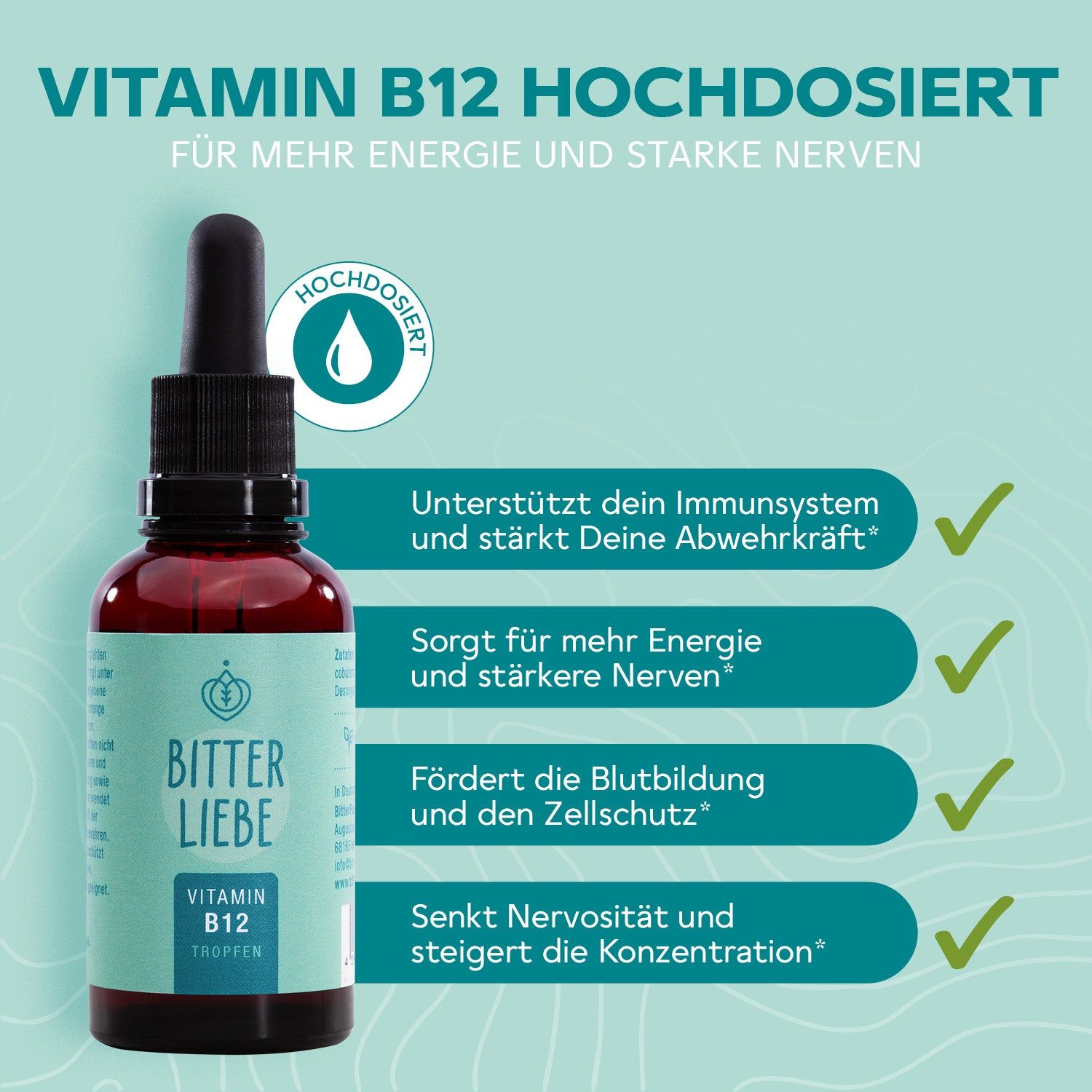 Flasche BitterLiebe Vitamin B12 Tropfen. Braune Glasflasche mit schwarzer Pipette. Text: Vitamin B12, unterstützt Immunsystem, Energie.
