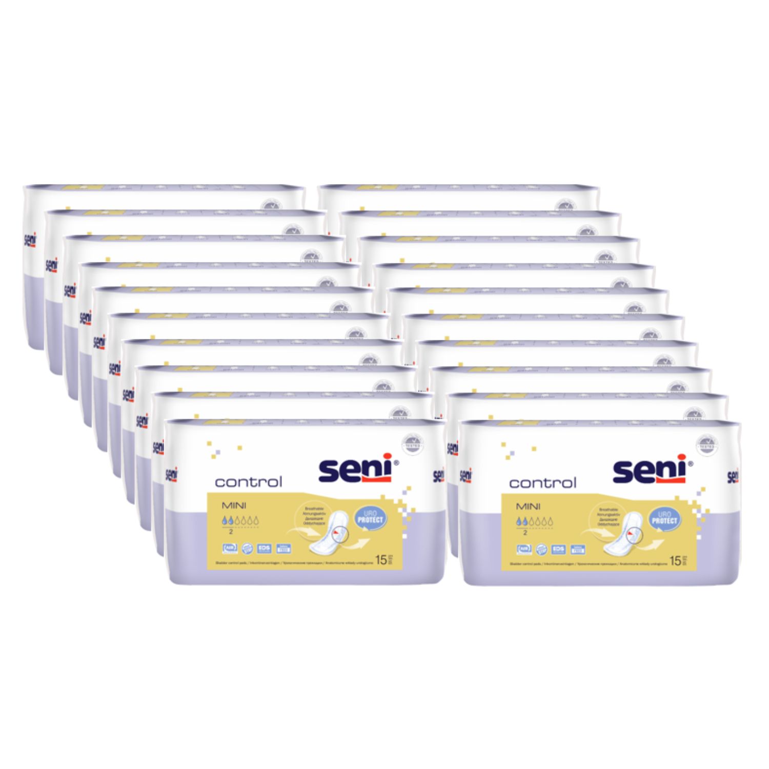 Mehrere Packungen Seni Control Mini. Verpackung mit Produktnamen und Logo. Hellblaue und weiße Verpackung.