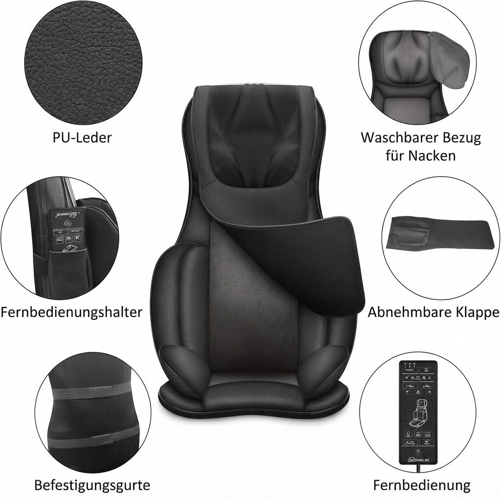 Massagesitz mit PU-Leder, abnehmbarer Nackenbezug, Fernbedienungshalter, Befestigungsgurten und Fernbedienung.