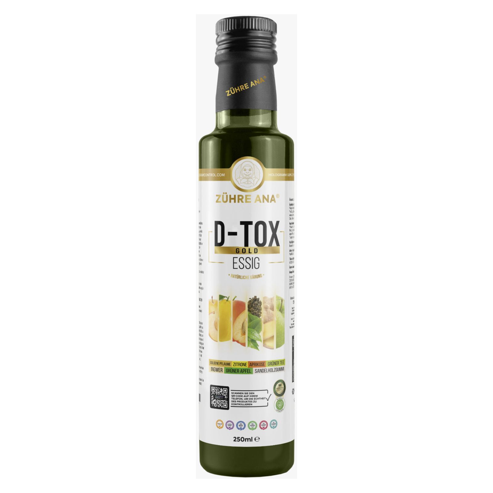 Grüne Glasflasche mit schwarzem Deckel. Aufschrift: Zühre Ana D-Tox Gold Essig. Etikett mit Fruchtbildern und Logos.