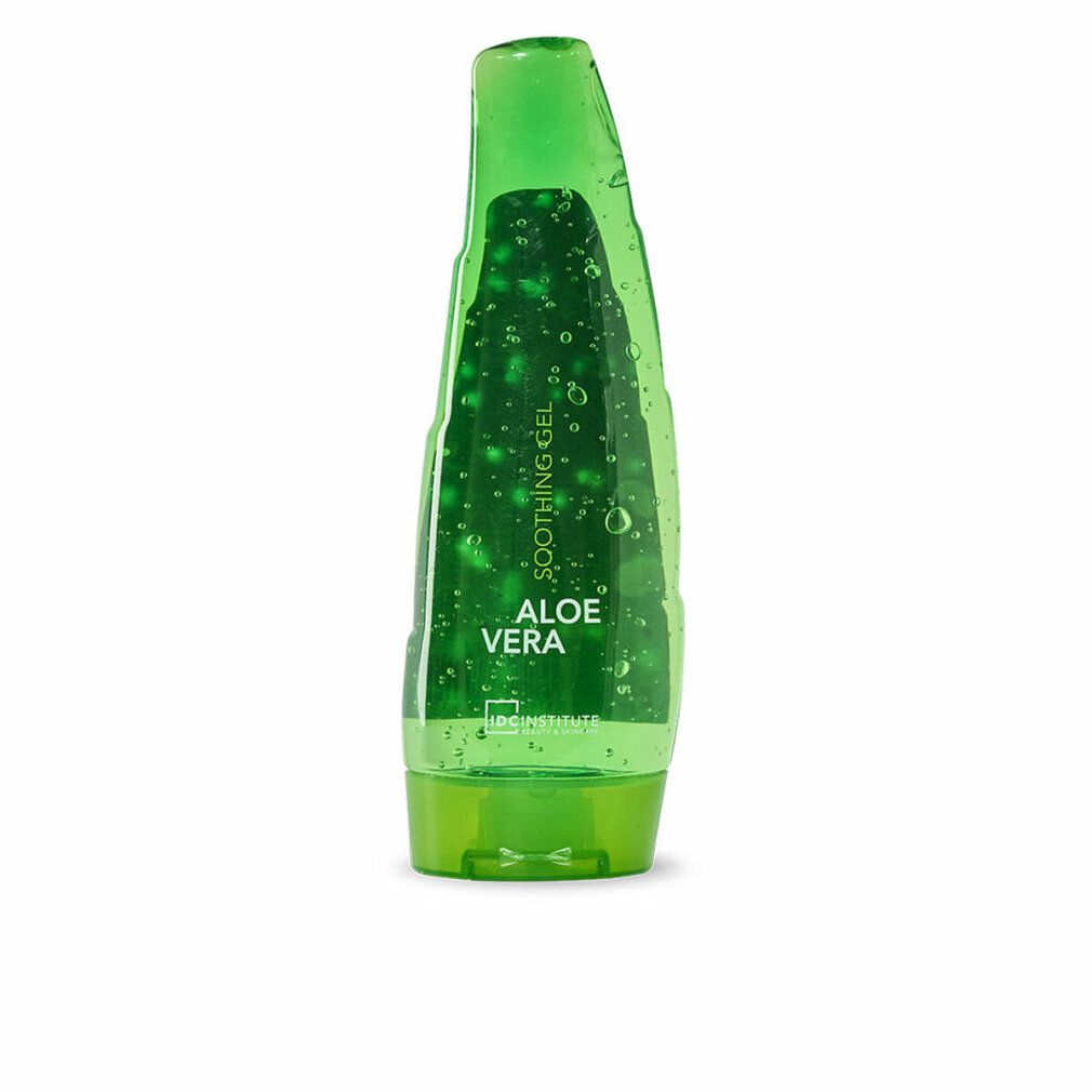 Grüne, tropfenförmige Flasche mit Aloe Vera Gel. Aufschrift: Soothing Gel, Aloe Vera. Grüner Deckel.