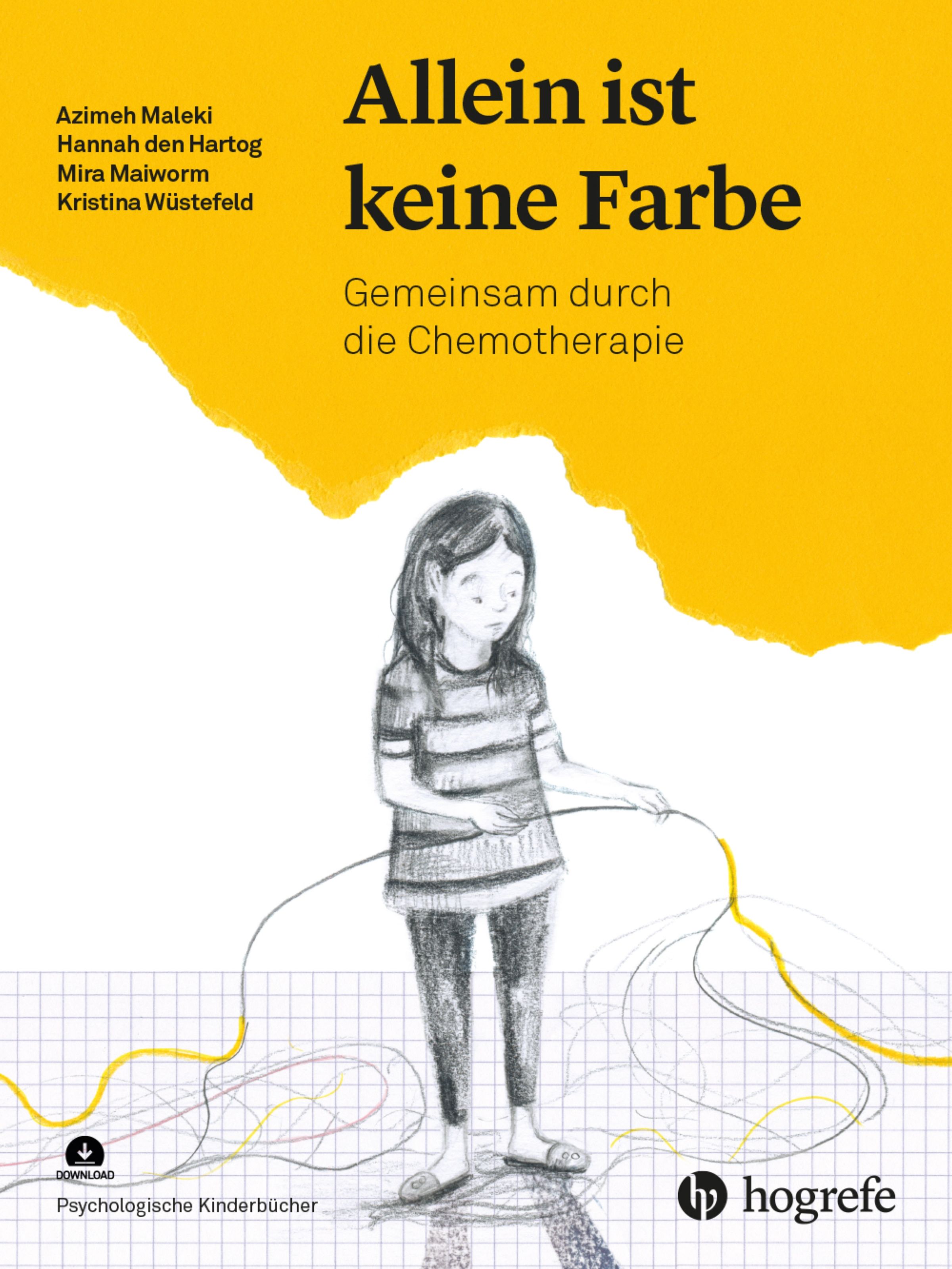 Buchcover mit Titel "Allein ist keine Farbe". Illustration eines Mädchens, gelber Hintergrund. Autorennamen und Logo Hogrefe.