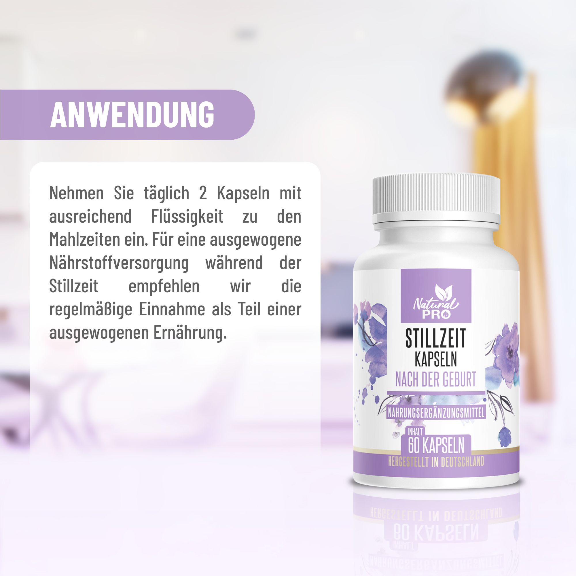 Anwendungshinweis: 2 Kapseln täglich mit Flüssigkeit. Flasche mit Stillzeit Kapseln neben Text.