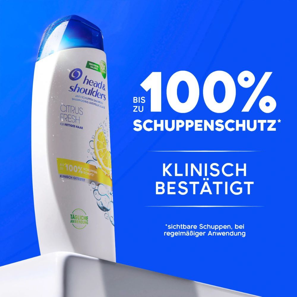 Head & Shoulders Citrus Fresh Shampoo-Flasche. Text: Bis zu 100% Schuppenschutz, klinisch bestätigt.