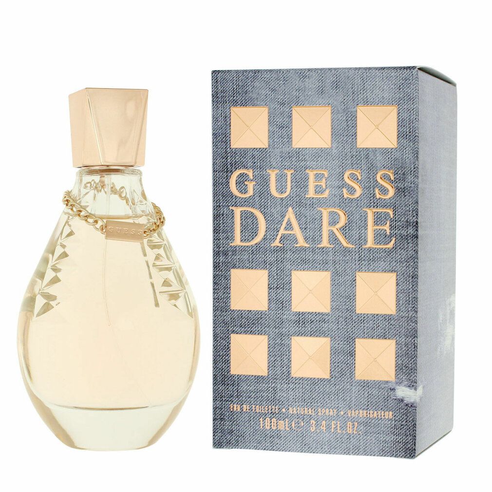 Parfümflakon und Schachtel. Flakon mit goldfarbenem Verschluss und Kette. Schachtel mit GUESS DARE.