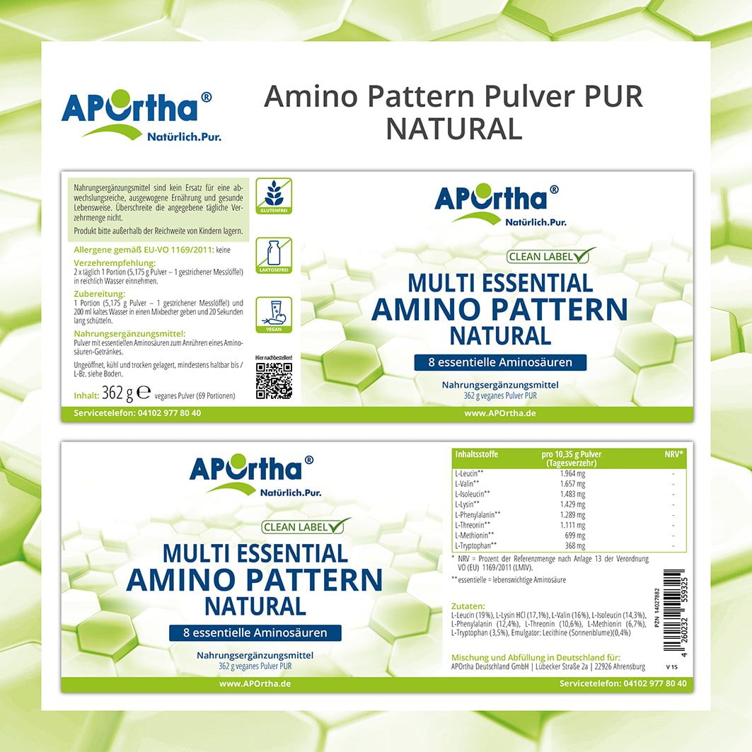 Zwei Etiketten. Oben: APOrtha®, Multi Essential Amino Pattern Natural, 8 essentielle Aminosäuren. Unten: Nährwertangaben, Inhaltsstoffe, Herstelleradresse.