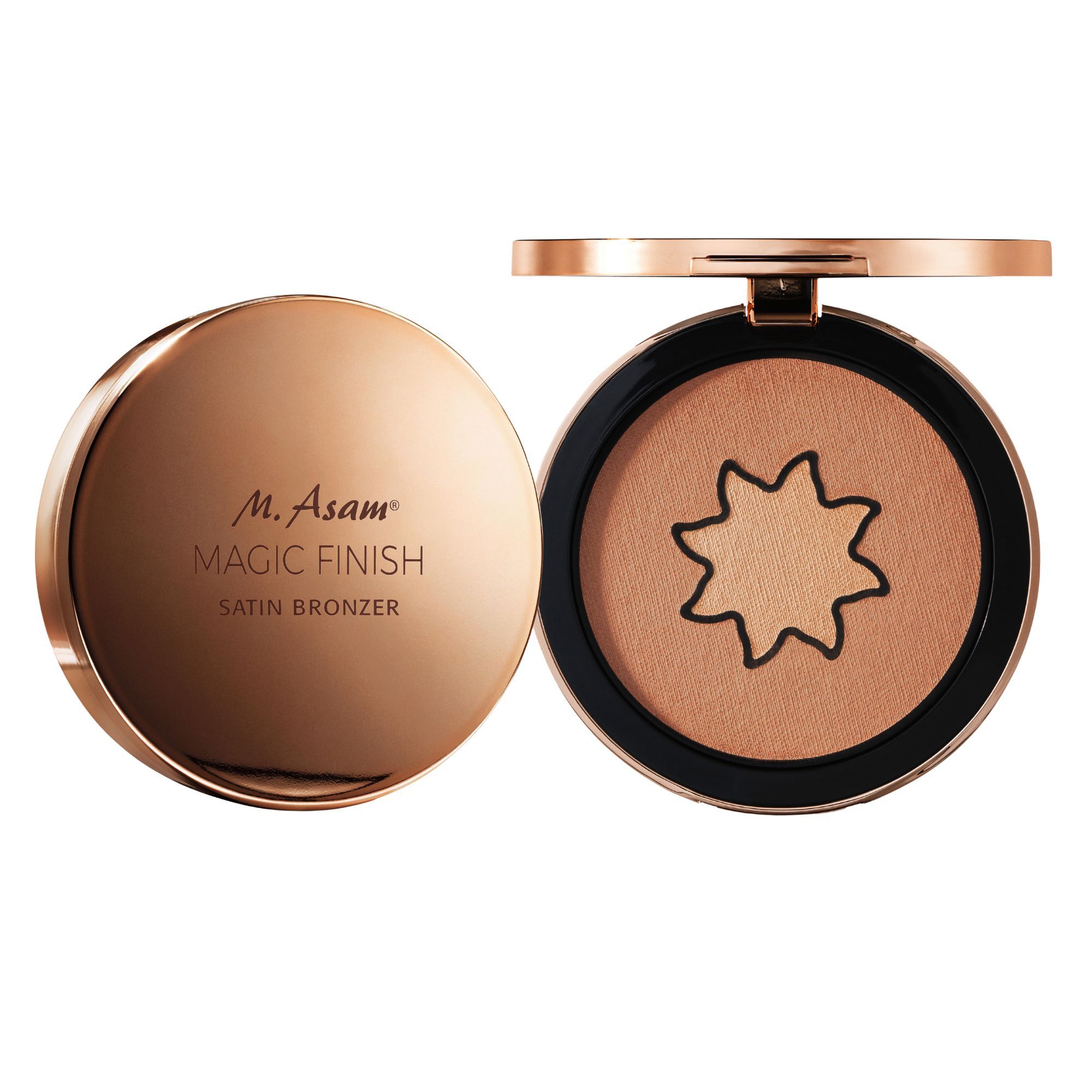 Geöffnete Bronzer-Dose. Aufschrift: M. Asam MAGIC FINISH SATIN BRONZER. Schwarzer Rand, Sternmuster.