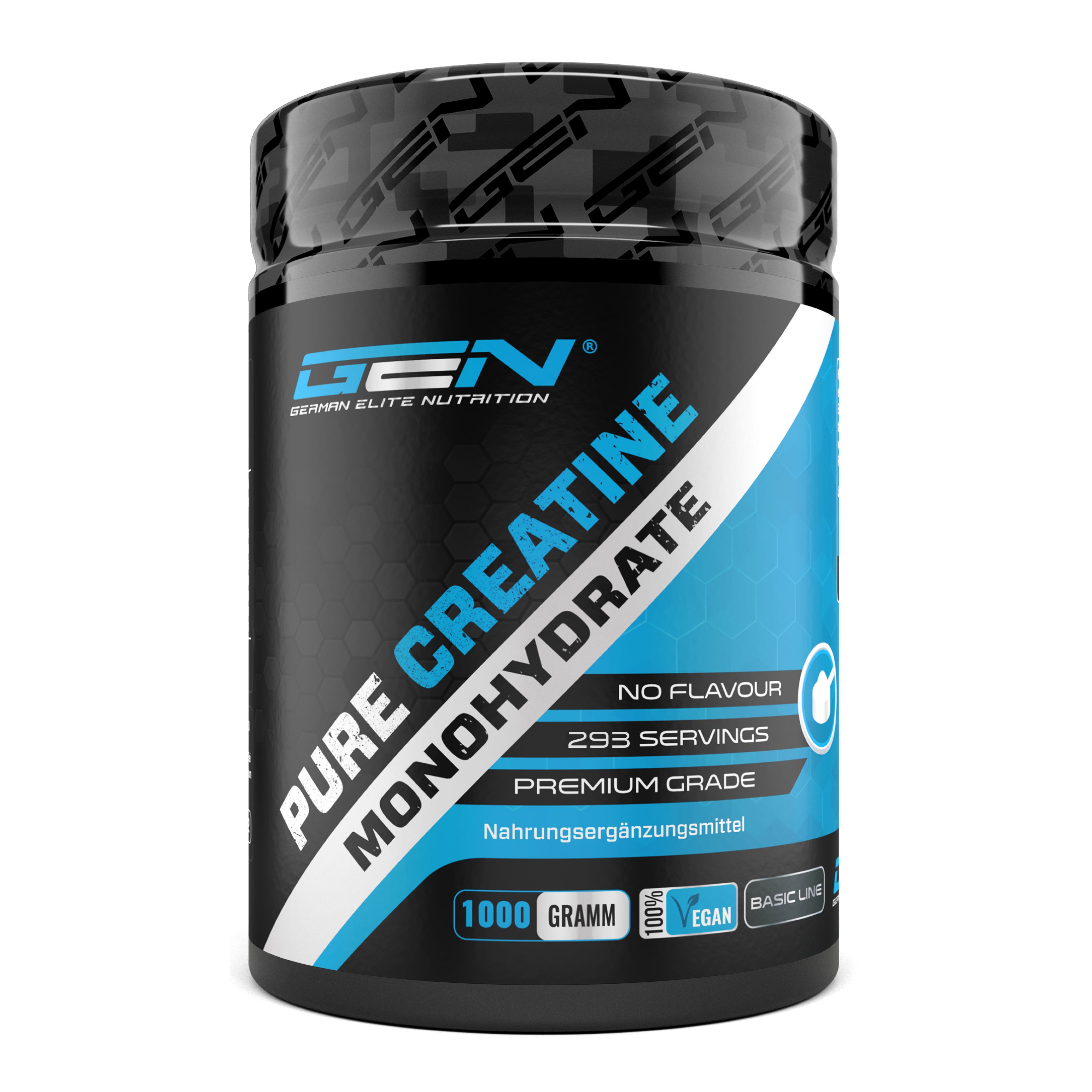 Schwarze Dose mit blauem Etikett. Aufschrift: PURE CREATINE MONOHYDRATE, 1000 Gramm, 293 Portionen. Marke: GEN.