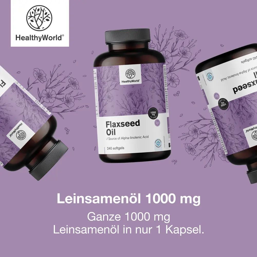 Drei Flaschen Leinsamenöl in verschiedenen Winkeln, Text.
