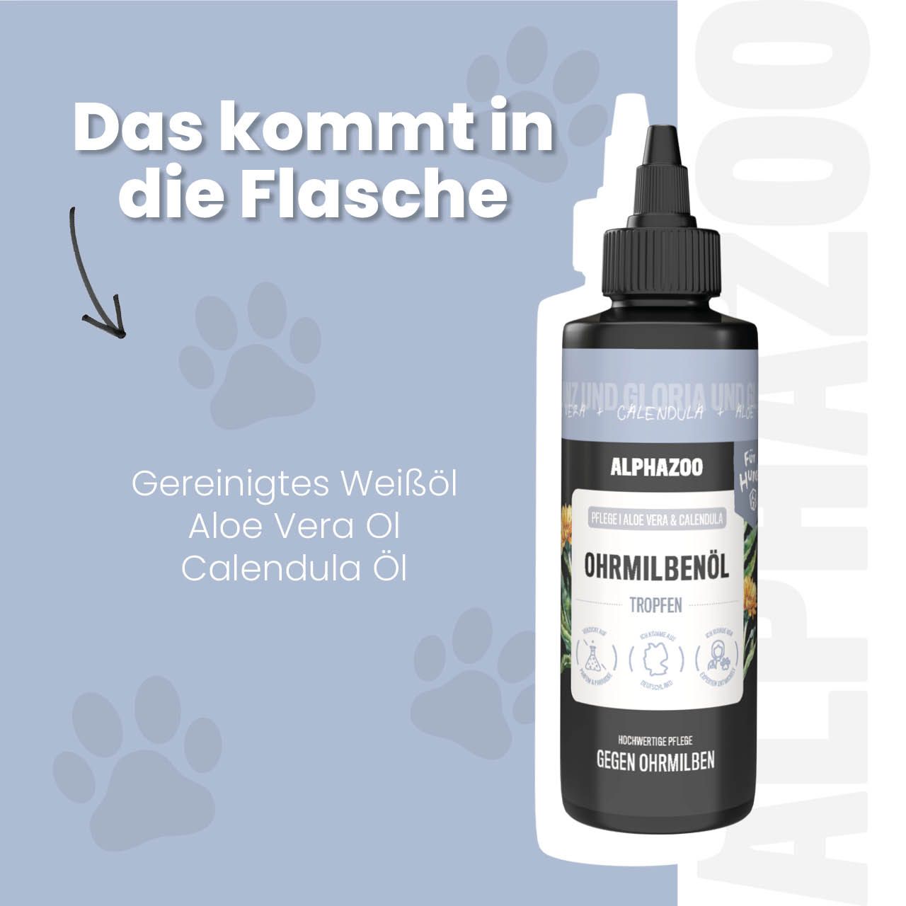 Flasche mit Tropfverschluss. Text: Gereinigtes Weißöl, Aloe Vera Öl, Calendula Öl. Text: Ohrmilbenöl Tropfen. Gegen Ohrmilben.