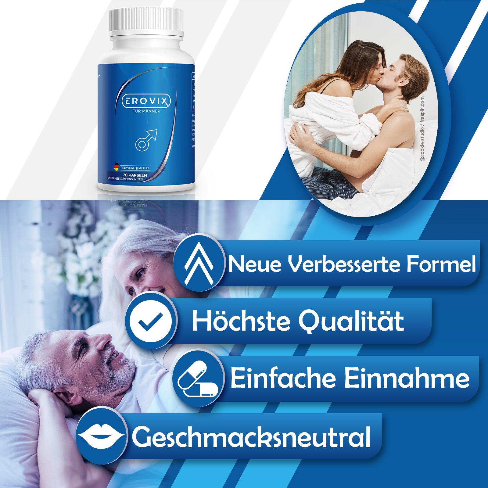 Blaue Flasche "EROVIX" mit 20 Kapseln. Text: "Neue verbesserte Formel", "Höchste Qualität", "Einfache Einnahme", "Geschmacksneutral".