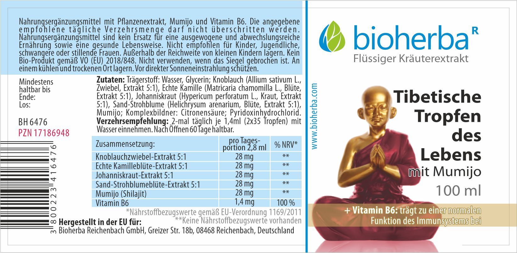 Etikett mit Produktinformationen. Enthält Text, Zutatenliste und Nährwertangaben. Marke: Bioherba. Produkt: Tibetische Tropfen des Lebens mit Mumijo.