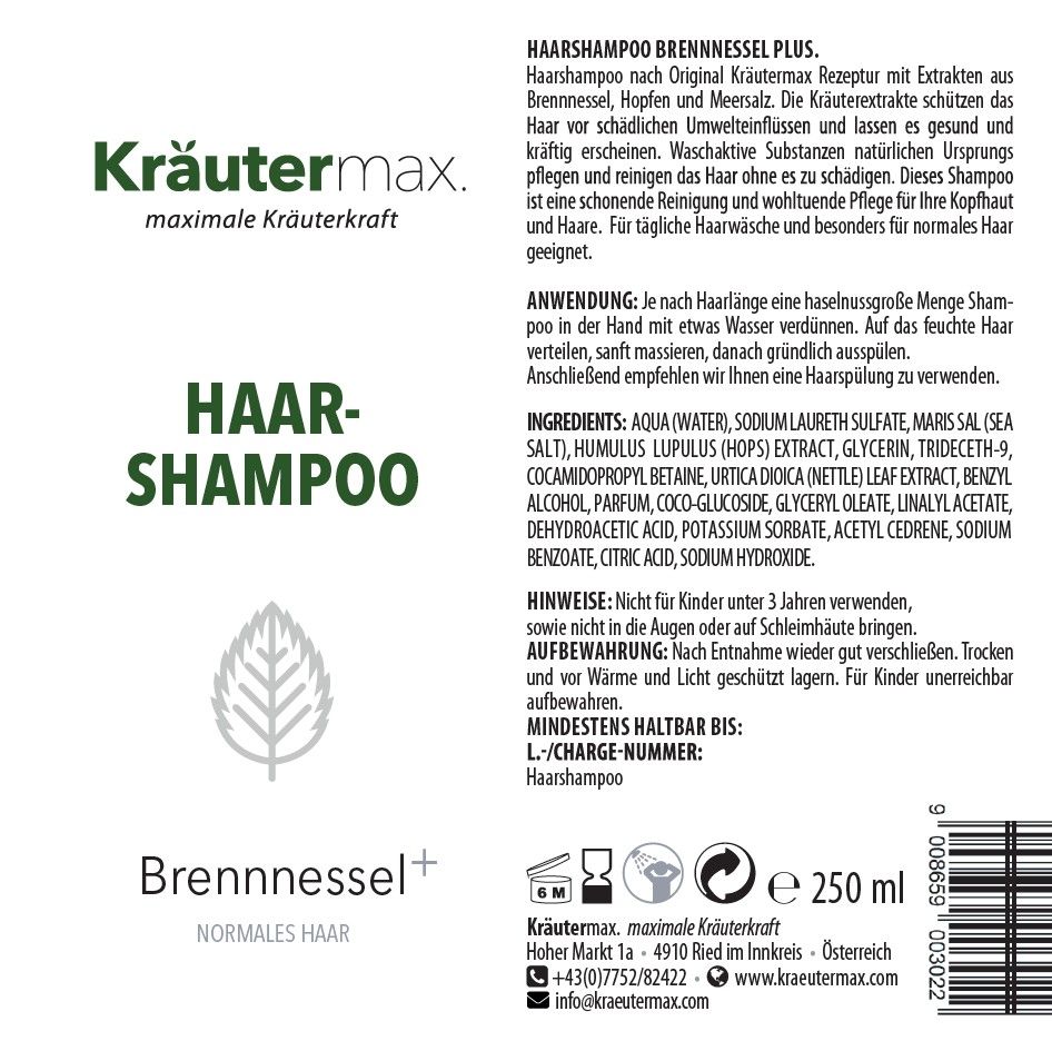 Rückseite der Kräutermax Haarshampoo-Flasche. Text: Haar-Shampoo, Brennnessel. Inhaltsstoffe, Anwendungshinweise, Mindesthaltbarkeit, Chargennummer. Logo: Kräutermax. Flascheninhalt: 250 ml.