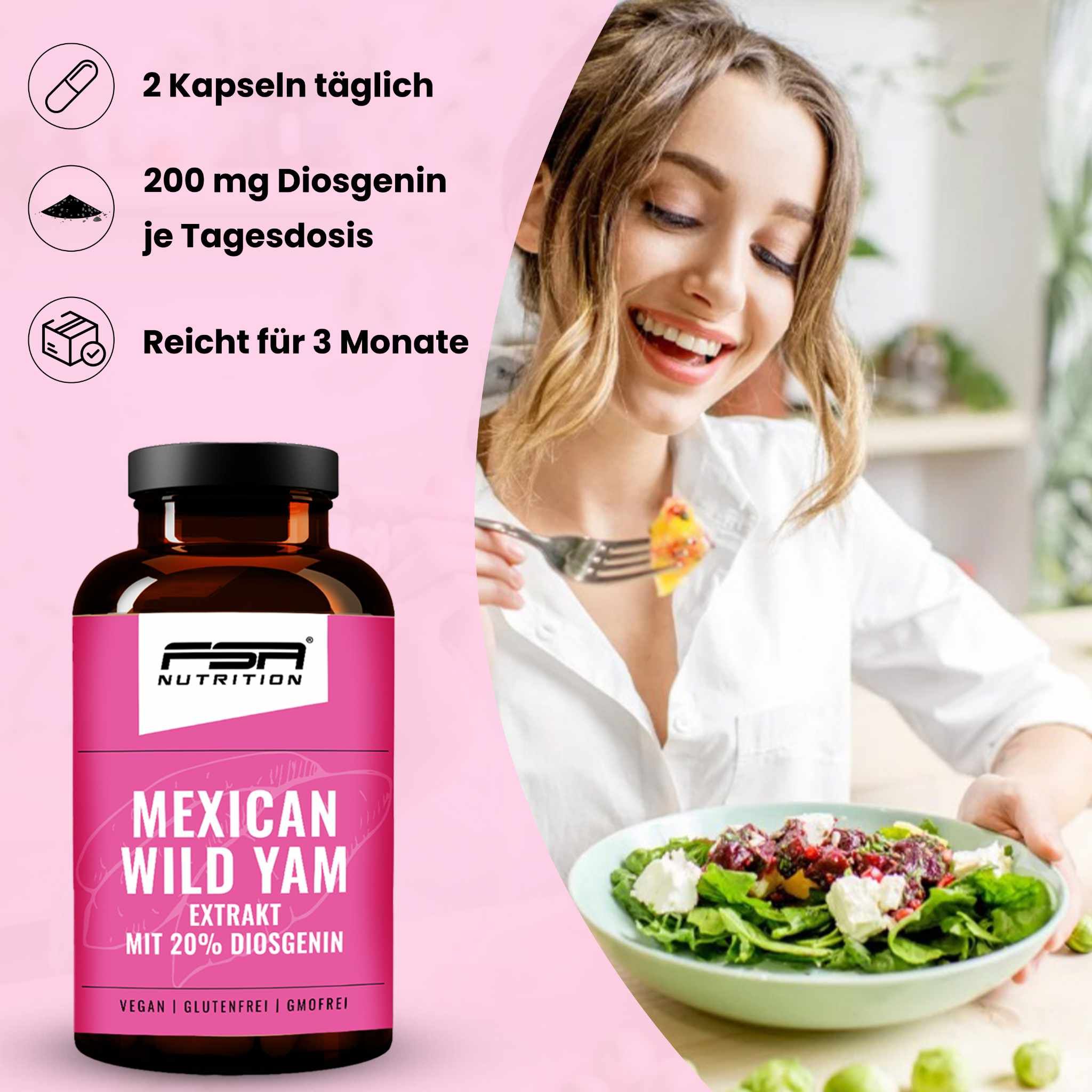 FSA NUTRITION Yamswurzel Extrakt | Mexican Wild Yams Extrakt mit 20% Diosgenin 180 Kapseln im Glas