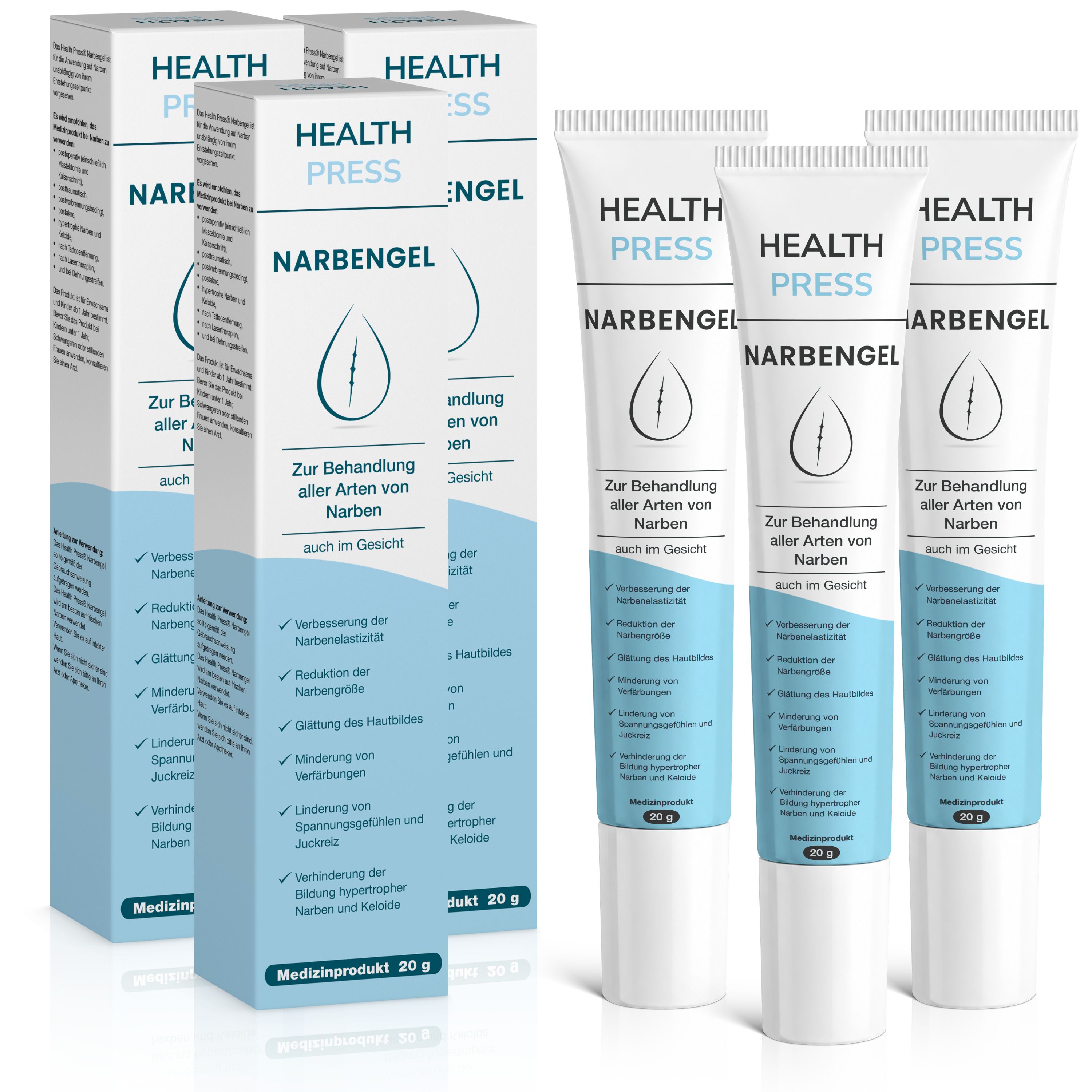 Mehrere Packungen Health Press Narbengel 20g, bestehend aus Tuben und Faltschachteln, für die Narbenpflege.
